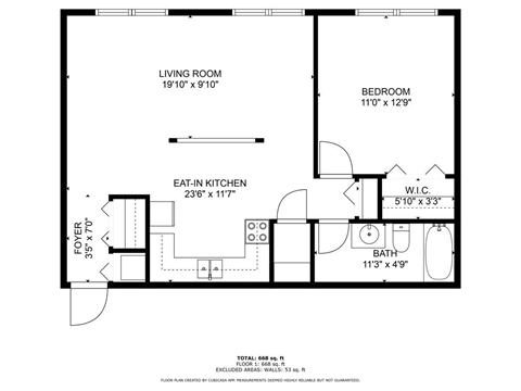 Floor plan for 1 bed, 1 bath, 850 sqft